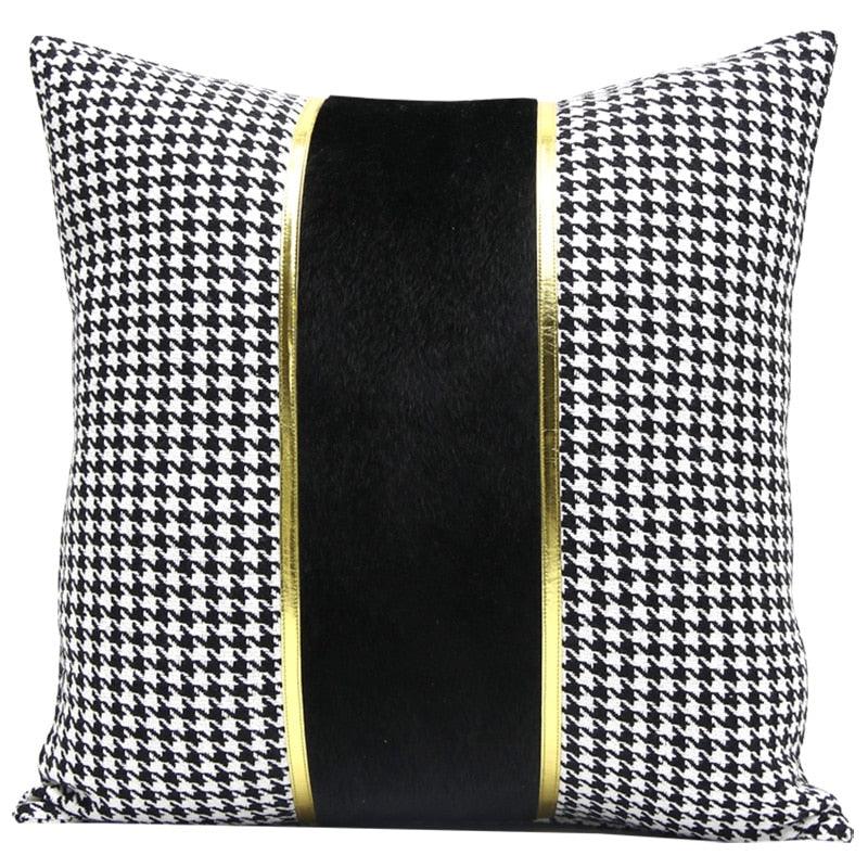 Luxury Black White Houndstooth Gold Leather Stitching Pillow Covers Sofa Decorative Horse Pillow Case Swallow Gird Throw Pillowcases Black Gold PU Leather Polyester Splicing Cushion Covers Well Made Classic Pattern