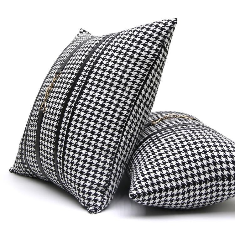 Luxury Black White Houndstooth Gold Leather Stitching Pillow Covers Sofa Decorative Horse Pillow Case Swallow Gird Throw Pillowcases Black Gold PU Leather Polyester Splicing Cushion Covers Well Made Classic Pattern