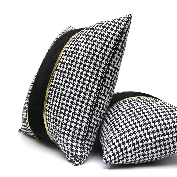 Luxury Black White Houndstooth Gold Leather Stitching Pillow Covers Sofa Decorative Horse Pillow Case Swallow Gird Throw Pillowcases Black Gold PU Leather Polyester Splicing Cushion Covers Well Made Classic Pattern