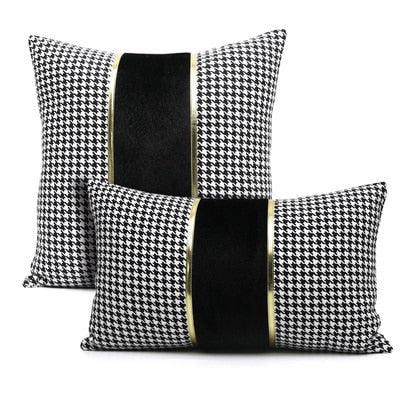 Luxury Black White Houndstooth Gold Leather Stitching Pillow Covers Sofa Decorative Horse Pillow Case Swallow Gird Throw Pillowcases Black Gold PU Leather Polyester Splicing Cushion Covers Well Made Classic Pattern