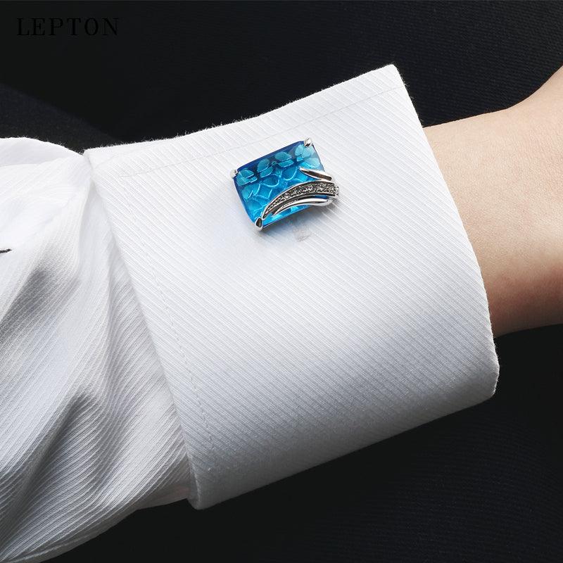 Luxury Blue Glass Cufflinks Men Elegant Square Crystal Cufflinks Shirt Cuff Links Classic Cufflinks For Wedding Business Luxurious Tuxedo Formal Shirts Cufflinks For Men Groom