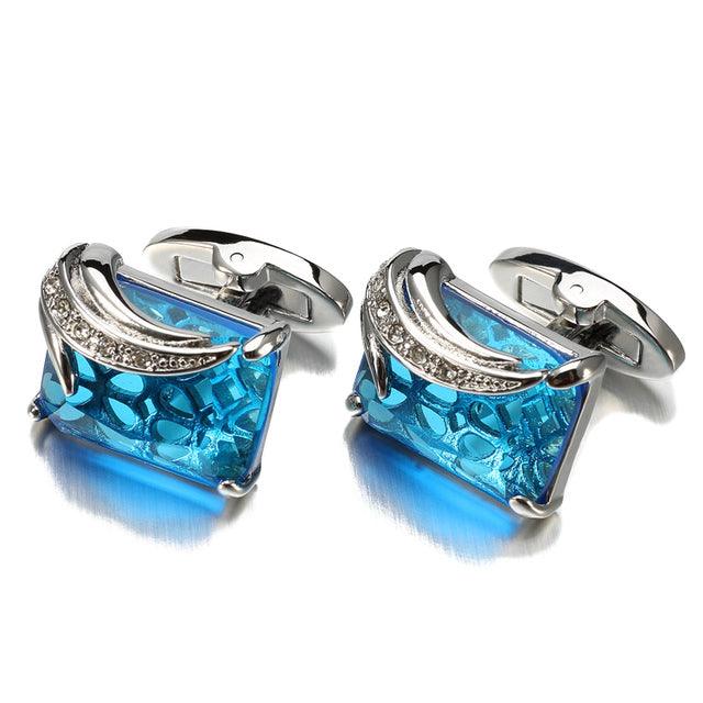 Luxury Blue Glass Cufflinks Men Elegant Square Crystal Cufflinks Shirt Cuff Links Classic Cufflinks For Wedding Business Luxurious Tuxedo Formal Shirts Cufflinks For Men Groom