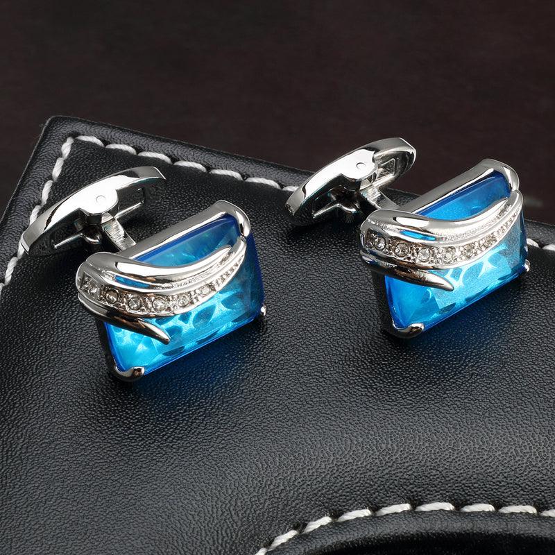 Luxury Blue Glass Cufflinks Men Elegant Square Crystal Cufflinks Shirt Cuff Links Classic Cufflinks For Wedding Business Luxurious Tuxedo Formal Shirts Cufflinks For Men Groom