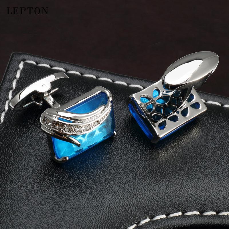 Luxury Blue Glass Cufflinks Men Elegant Square Crystal Cufflinks Shirt Cuff Links Classic Cufflinks For Wedding Business Luxurious Tuxedo Formal Shirts Cufflinks For Men Groom