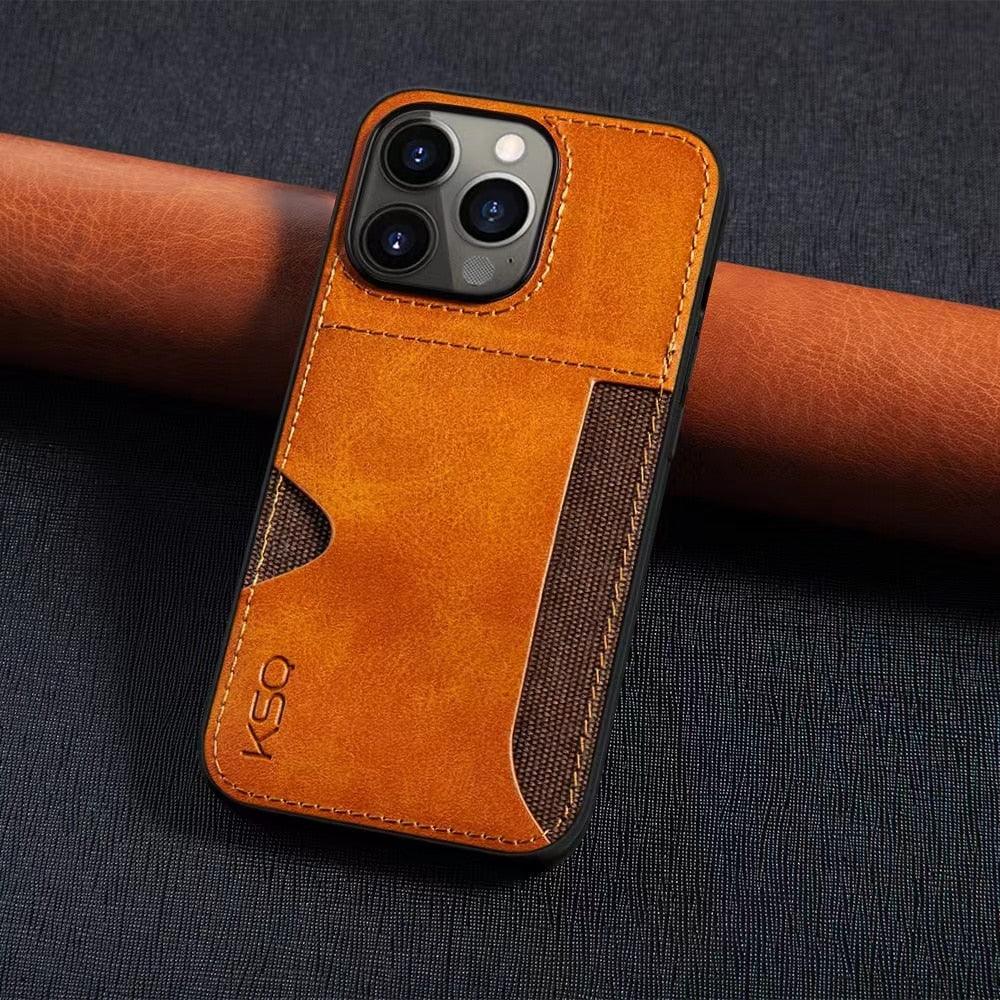 Luxury Brown Leather With Card Holder Phone Case For iPhone 11 12 Pro Max Soft Silicone Back Cover For iPhone 13 14 Pro Genuine Leather Case for iPhone