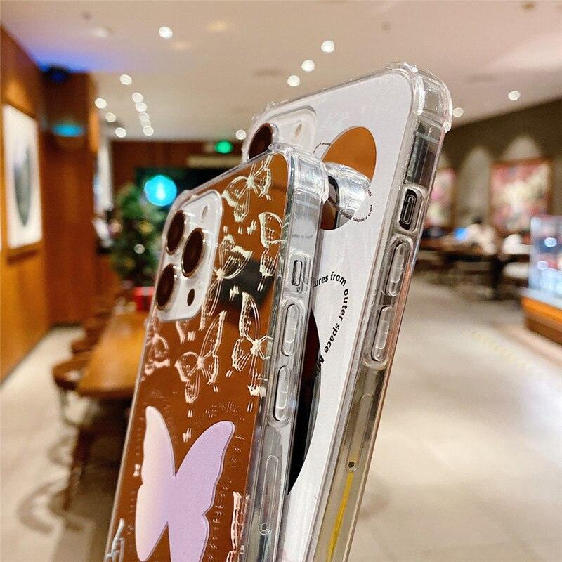 Luxury Butterfly Makeup Mirror Phone Case For iPhone 13 12 11 Pro Max XR XS Max X 7 8 Plus SE Soft Silicone Bumper Cute Butterfly Design Soft Cover Glitter Cool Slim Trendy Pattern for Girl