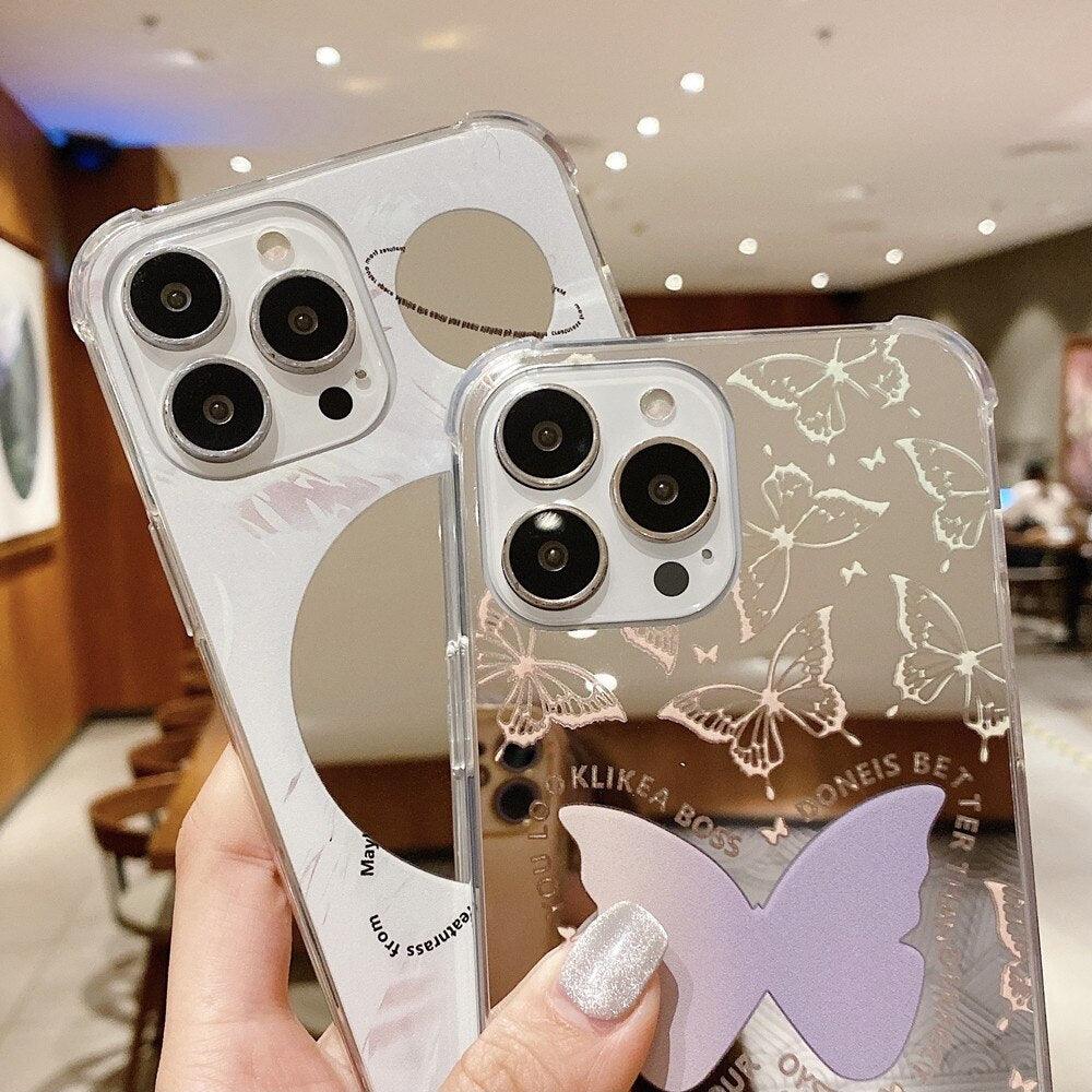 Luxury Butterfly Makeup Mirror Phone Case For iPhone 13 12 11 Pro Max XR XS Max X 7 8 Plus SE Soft Silicone Bumper Cute Butterfly Design Soft Cover Glitter Cool Slim Trendy Pattern for Girl