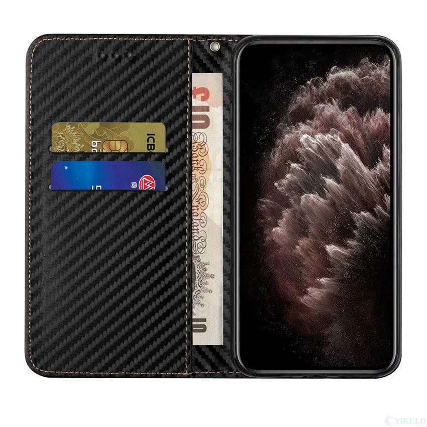 Luxury Carbon Fiber Phone Case For Xiaomi Redmi Note 10 10S 9 9A 9C 9S 9T 8 8T 8A 7A 6 7 Pro 5 5A Cover Card Slot Flip Leather Shockproof Wallet Flip Case Cover with Card Slot Holder