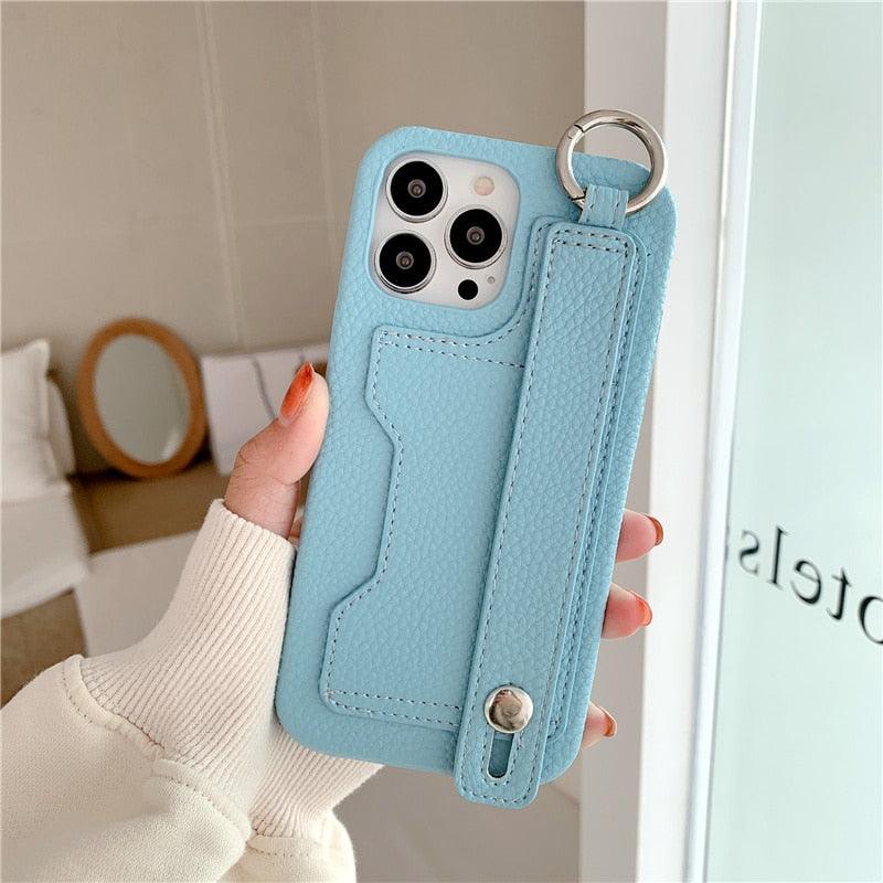 Luxury Card Holder Wrist Strap Leather Wallet Case For iphone 12 13 14 14pro 13Pro Max Mini Protective Cover Wallet Case With Leather Adjustable Hand Strap Phone Cover