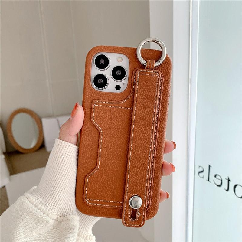 Luxury Card Holder Wrist Strap Leather Wallet Case For iphone 12 13 14 14pro 13Pro Max Mini Protective Cover Wallet Case With Leather Adjustable Hand Strap Phone Cover