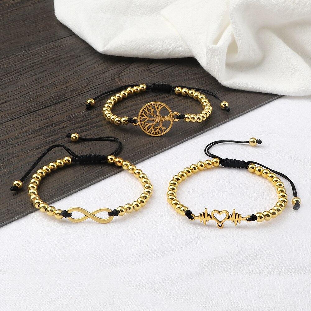 Luxury Copper Beads Pendant Beaded Bracelet Adjustable Life Tree Word Heart Shape Alloy Charm Bangles Couple Wrist Gold Bracelets For Women Bracelet Set Stretch Stackable Bracelets