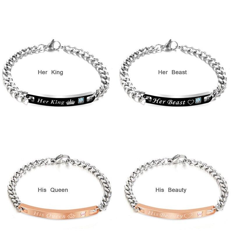 Luxury Couple Titanium Steel Alloy King Queen Bracelet Alloy Pendant Lover Letter Bracelet Attraction Distance Relationship Couples Bracelet For Men Women Bracelets Matching Link Chain Elegant Bracelets