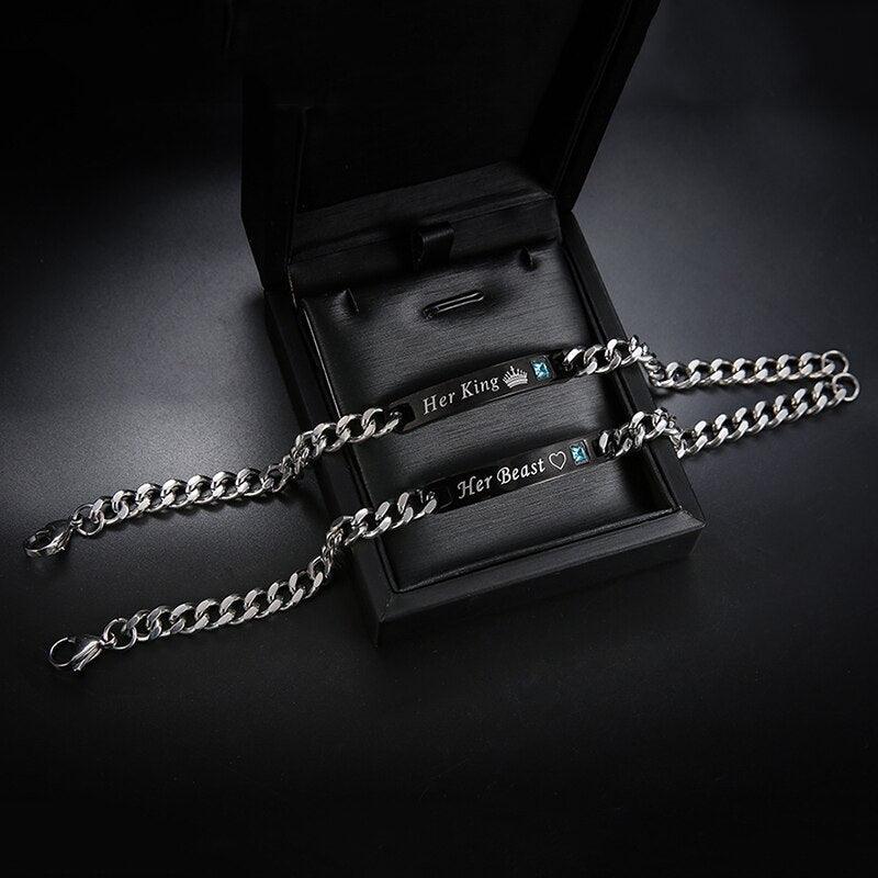 Luxury Couple Titanium Steel Alloy King Queen Bracelet Alloy Pendant Lover Letter Bracelet Attraction Distance Relationship Couples Bracelet For Men Women Bracelets Matching Link Chain Elegant Bracelets