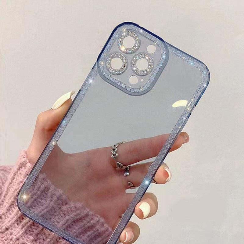 Luxury Crystal Diamond Bumper Clear Case for iPhone 13 12 11 Pro Max X XR XS 8Plus Soft Transparent Shiny Design Shockproof Bumper Soft Case Slim Cute Transparent Silicone Cover