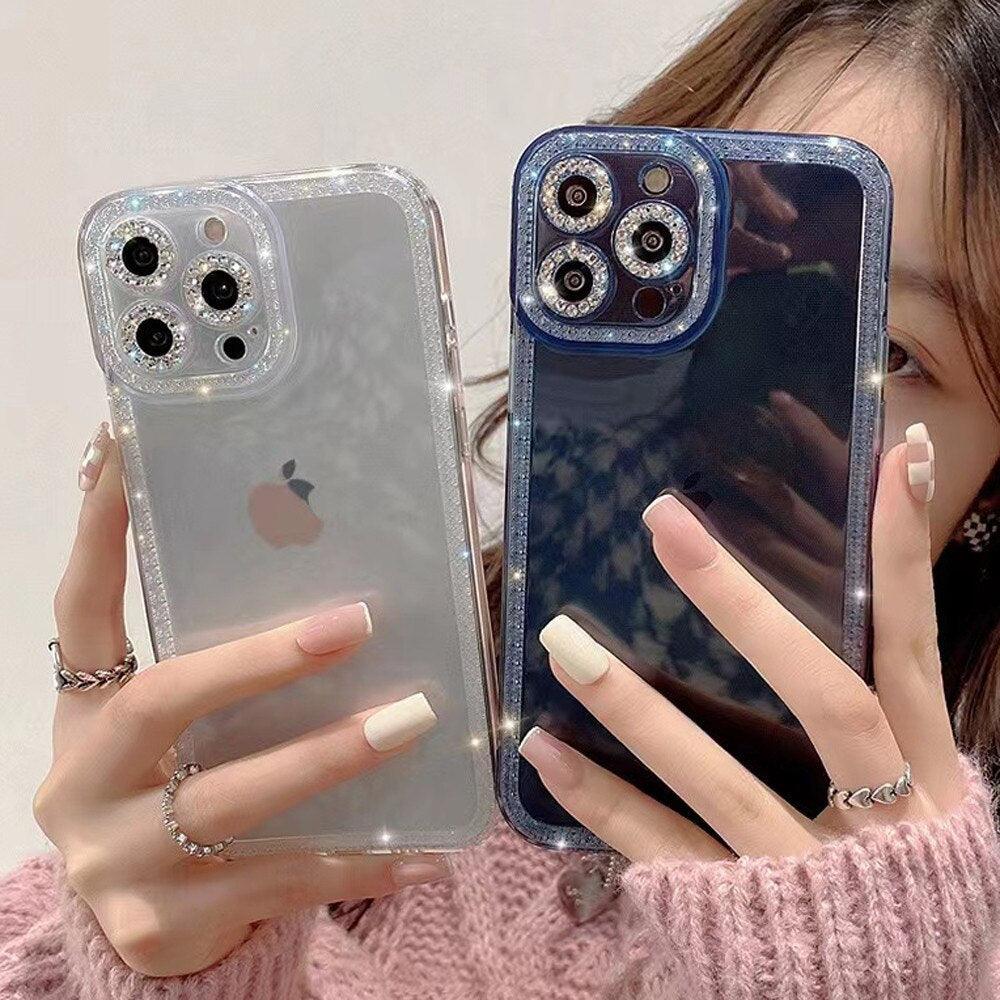 Luxury Crystal Diamond Bumper Clear Case for iPhone 13 12 11 Pro Max X XR XS 8Plus Soft Transparent Shiny Design Shockproof Bumper Soft Case Slim Cute Transparent Silicone Cover