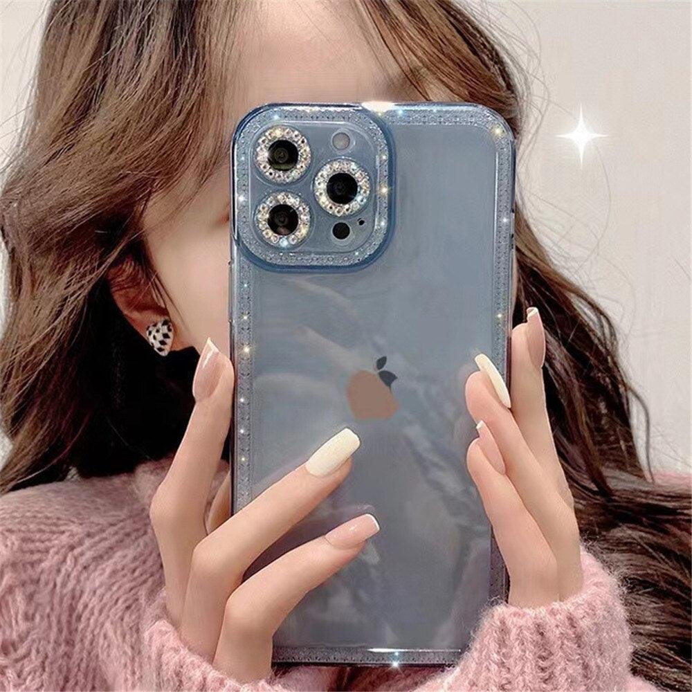 Luxury Crystal Diamond Bumper Clear Case for iPhone 13 12 11 Pro Max X XR XS 8Plus Soft Transparent Shiny Design Shockproof Bumper Soft Case Slim Cute Transparent Silicone Cover