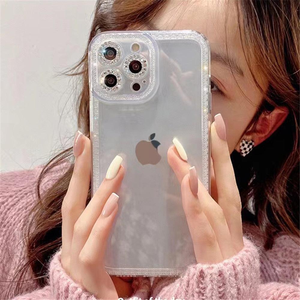 Luxury Crystal Diamond Bumper Clear Case for iPhone 13 12 11 Pro Max X XR XS 8Plus Soft Transparent Shiny Design Shockproof Bumper Soft Case Slim Cute Transparent Silicone Cover