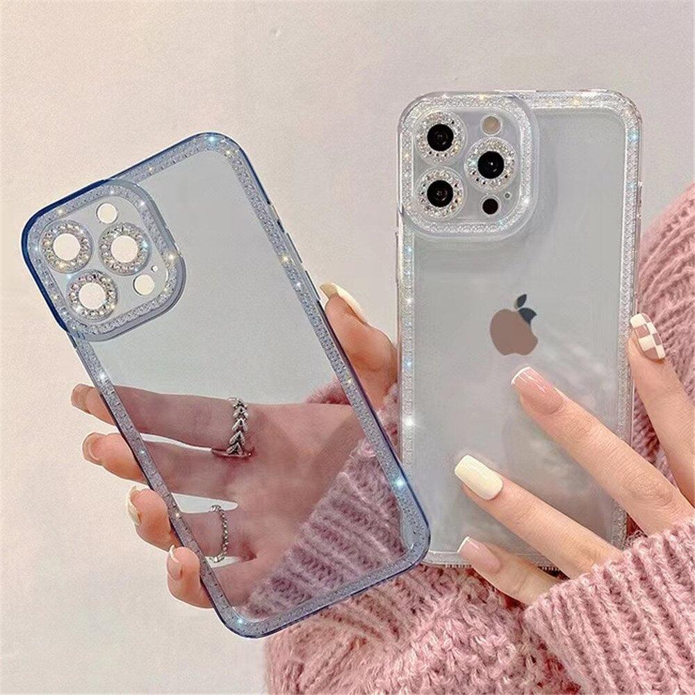 Luxury Crystal Diamond Bumper Clear Case for iPhone 13 12 11 Pro Max X XR XS 8Plus Soft Transparent Shiny Design Shockproof Bumper Soft Case Slim Cute Transparent Silicone Cover