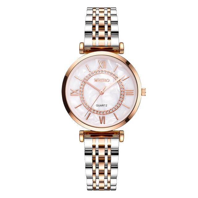 Luxury Crystal Women Bracelet Watches Fashion Diamond Quartz Watch Steel Wristwatch Stainless Steel Metal Women's Wrist Watch Two Tone Fashion Elegant Diamond Analog Quartz Watch Gift For Woman