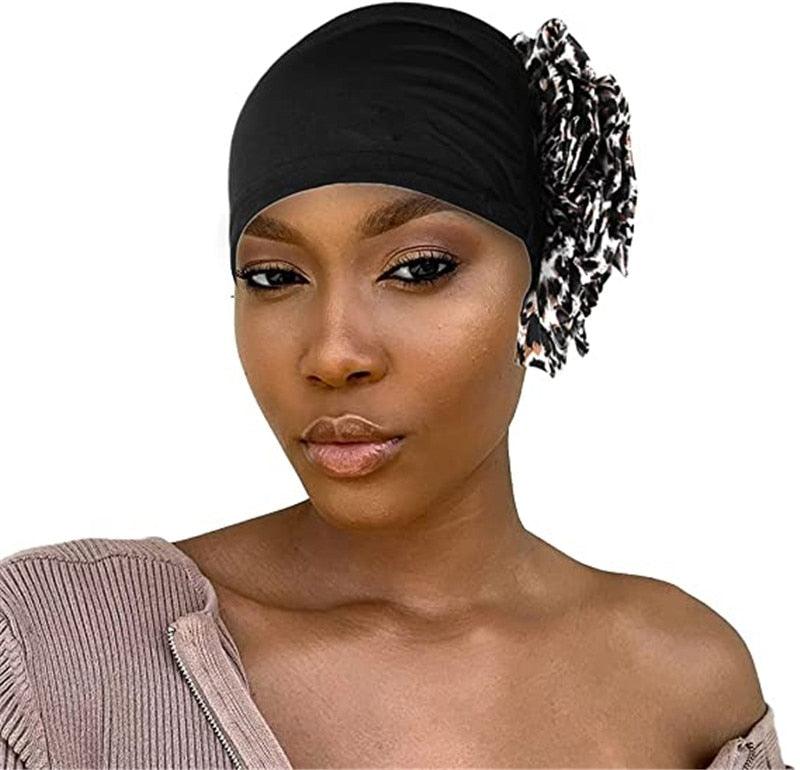 Luxury Elegant Bonnet Lightweight Soft Big Black Flower Elastic Elegant Hijab Caps Turban Africa Lightweight Headtie Head Scarf Soft Wrap Hat For Women