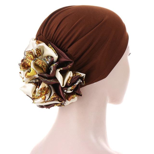 Luxury Elegant Bonnet Lightweight Soft Big Black Flower Elastic Elegant Hijab Caps Turban Africa Lightweight Headtie Head Scarf Soft Wrap Hat For Women