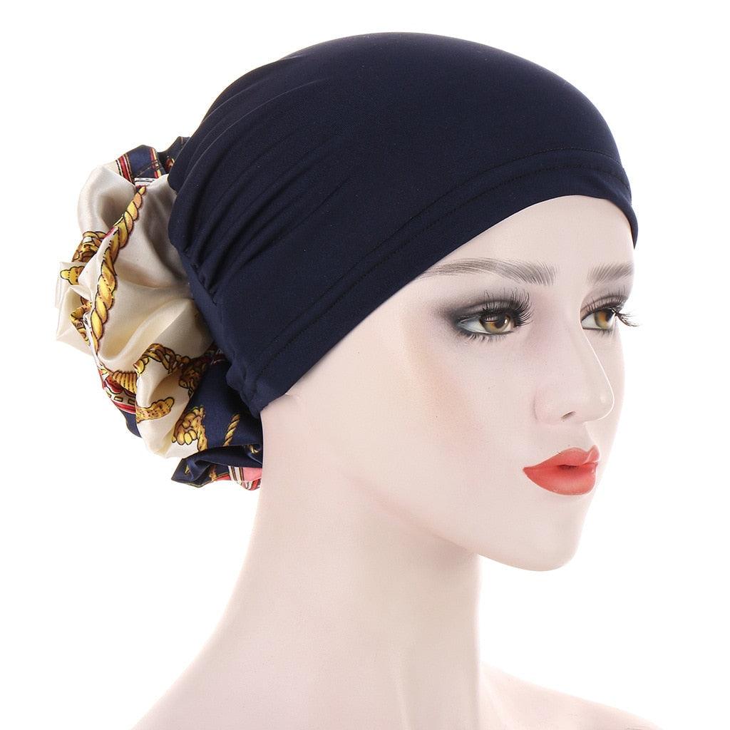 Luxury Elegant Bonnet Lightweight Soft Big Black Flower Elastic Elegant Hijab Caps Turban Africa Lightweight Headtie Head Scarf Soft Wrap Hat For Women