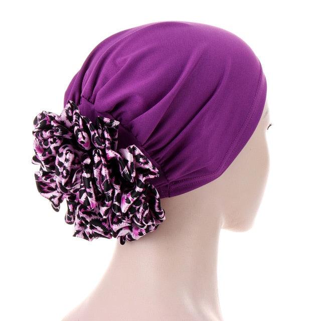 Luxury Elegant Bonnet Lightweight Soft Big Black Flower Elastic Elegant Hijab Caps Turban Africa Lightweight Headtie Head Scarf Soft Wrap Hat For Women