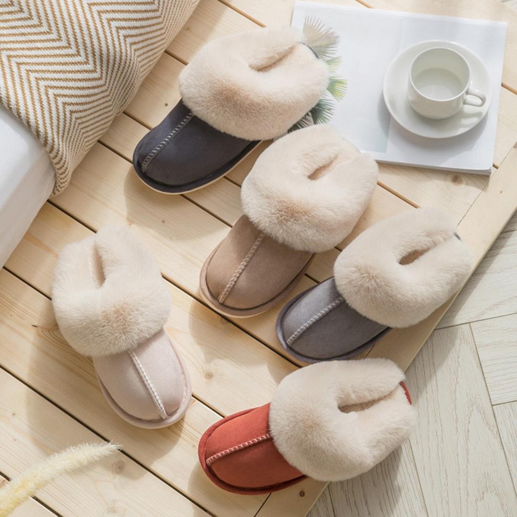 Luxury Faux Suede Home Women Full Fur Slippers Winter Warm Plush Bedroom Non-Slip Couples Shoes Indoor Furry Slippers Memory Foam Fluffy Soft Warm Slip On House Slippers Anti-Skid Cozy Plush For Indoor Outdoor