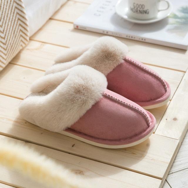 Luxury Faux Suede Home Women Full Fur Slippers Winter Warm Plush Bedroom Non-Slip Couples Shoes Indoor Furry Slippers Memory Foam Fluffy Soft Warm Slip On House Slippers Anti-Skid Cozy Plush For Indoor Outdoor