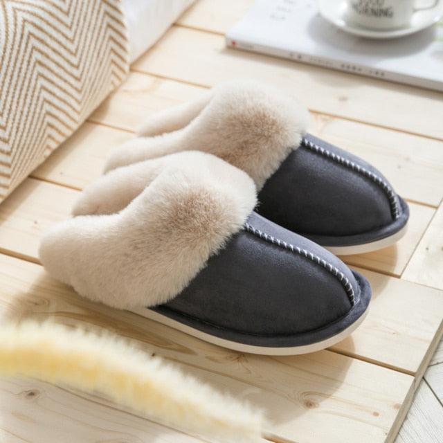 Luxury Faux Suede Home Women Full Fur Slippers Winter Warm Plush Bedroom Non-Slip Couples Shoes Indoor Furry Slippers Memory Foam Fluffy Soft Warm Slip On House Slippers Anti-Skid Cozy Plush For Indoor Outdoor