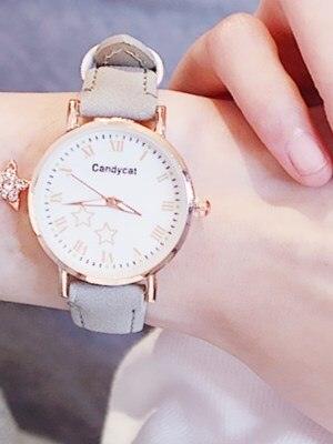 Luxury Girl Watch Student High School Small Fresh Watch Pink Cute Star Starry Sky Casual Leather Female Wrist Watch Leather Band Thin Minimalist Casual Simple Dress Watch