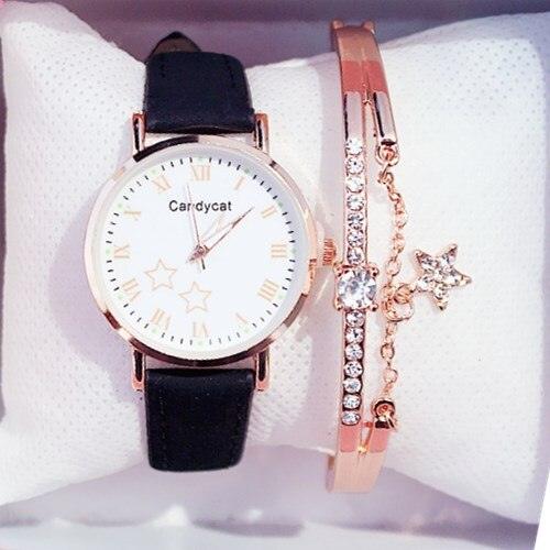 Luxury Girl Watch Student High School Small Fresh Watch Pink Cute Star Starry Sky Casual Leather Female Wrist Watch Leather Band Thin Minimalist Casual Simple Dress Watch