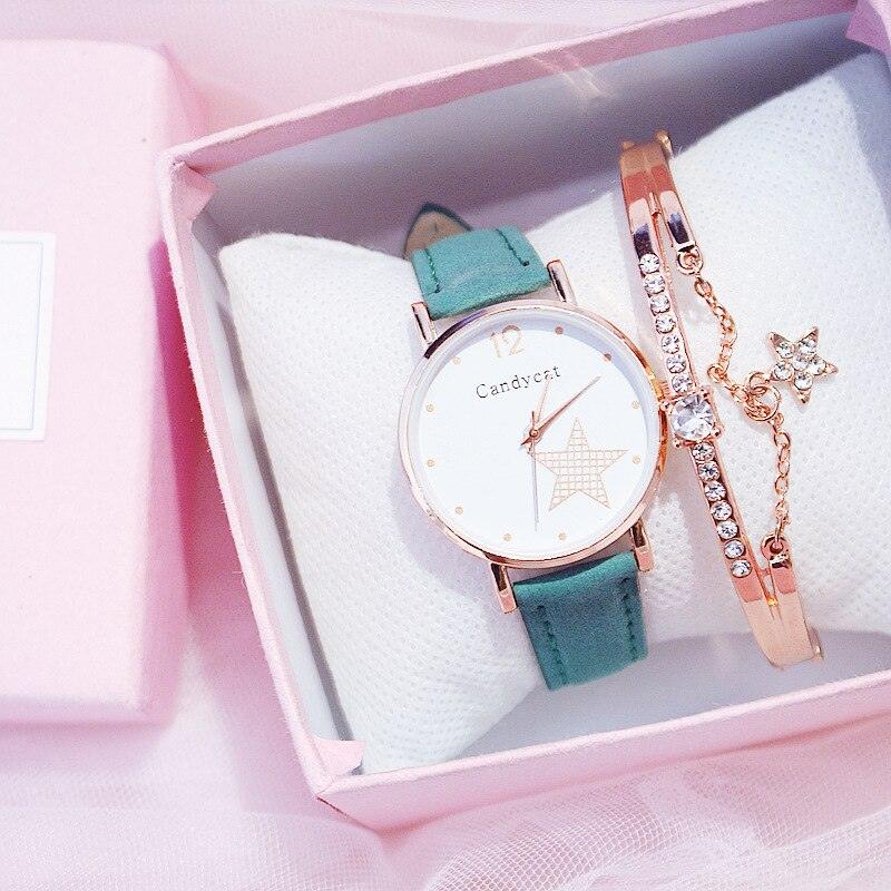 Luxury Girl Watch Student High School Small Fresh Watch Pink Cute Star Starry Sky Casual Leather Female Wrist Watch Leather Band Thin Minimalist Casual Simple Dress Watch