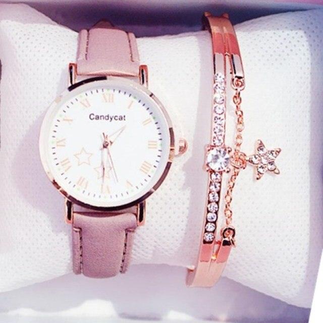 Luxury Girl Watch Student High School Small Fresh Watch Pink Cute Star Starry Sky Casual Leather Female Wrist Watch Leather Band Thin Minimalist Casual Simple Dress Watch