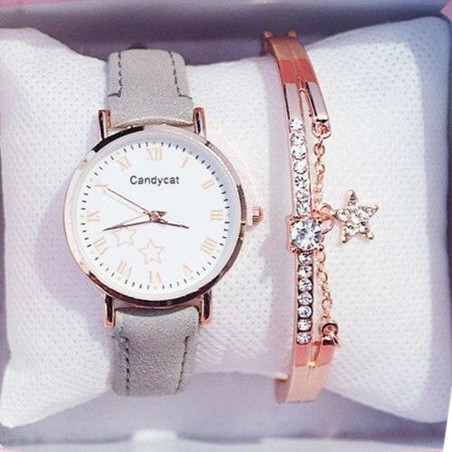 Luxury Girl Watch Student High School Small Fresh Watch Pink Cute Star Starry Sky Casual Leather Female Wrist Watch Leather Band Thin Minimalist Casual Simple Dress Watch