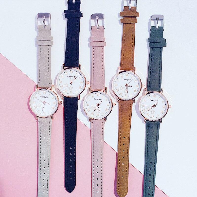 Luxury Girl Watch Student High School Small Fresh Watch Pink Cute Star Starry Sky Casual Leather Female Wrist Watch Leather Band Thin Minimalist Casual Simple Dress Watch