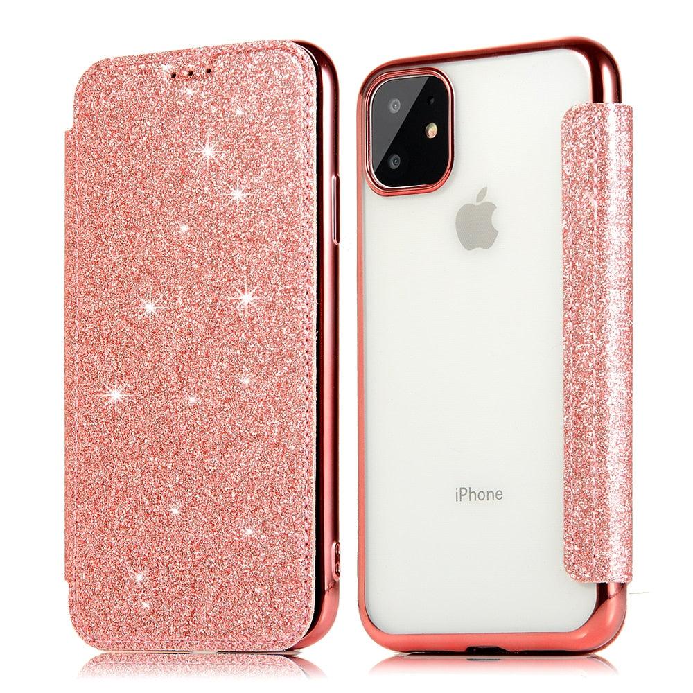 Luxury Glitter Leather Flip Wallet Case For iPhone 14 13 12 11 Pro XS Max XR X 7 8 Plus 6s Plus Clear Back Case iPhone Shiny Luxury Glitter Leather Case with Card Holder Flip Magnetic Closure Stand Cover