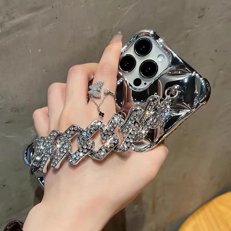 Luxury Glitter Rhinestones Wrist Bracelet Chain Case For iPhone 14 13 11 12 Pro Max X XR XS 7 8 Plus Detachable Metal Bracelet Luxury Chain Case for iPhone