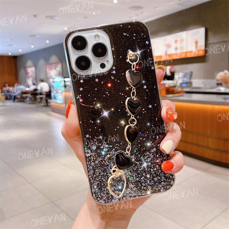 Luxury Glitter Wristband Love Heart Bracelet Phone Case For iPhone 14 13 12 11 XSMax X XR 12 mini 7 8 14Plus Holder Bumper Cover Cute Luxury Plating Soft Flexible  with Love Heart Chain Bracelet Hand Strap  Women Protective Cover