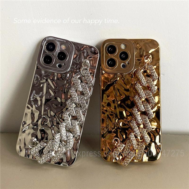 Luxury Gold Plating Electroplated Bracelet Cute Compatible with iPhone Diamond Case Luxury Sparkle Glitter Rhinestone  Phone Case For iPhone 14 13 Promax 11 12 Pro Max Mini Xs Max XR 8 7 Plus Mirror Cover