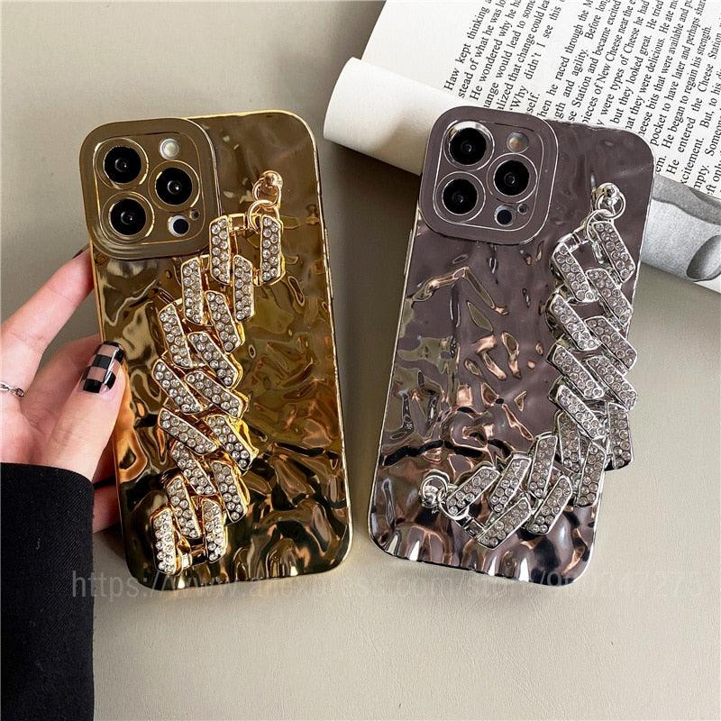 Luxury Gold Plating Electroplated Bracelet Cute Compatible with iPhone Diamond Case Luxury Sparkle Glitter Rhinestone  Phone Case For iPhone 14 13 Promax 11 12 Pro Max Mini Xs Max XR 8 7 Plus Mirror Cover