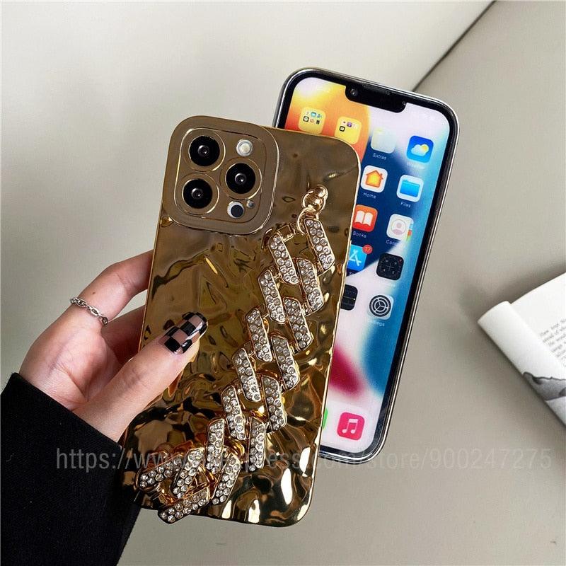 Luxury Gold Plating Electroplated Bracelet Cute Compatible with iPhone Diamond Case Luxury Sparkle Glitter Rhinestone  Phone Case For iPhone 14 13 Promax 11 12 Pro Max Mini Xs Max XR 8 7 Plus Mirror Cover