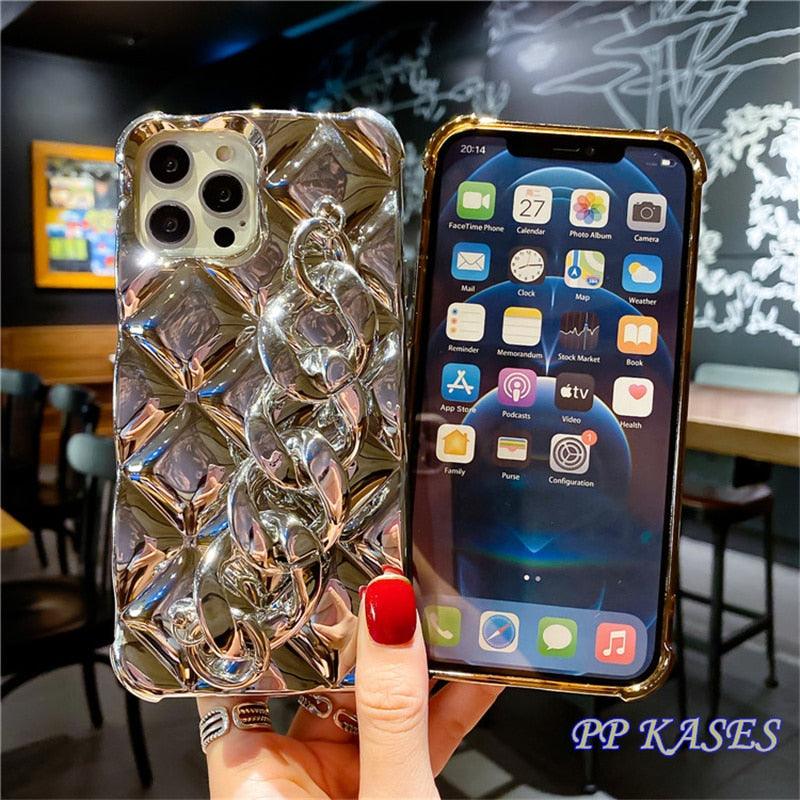 Luxury Gold Plating Electroplated Bracelet Cute Compatible with iPhone Diamond Case Luxury Sparkle Glitter Rhinestone  Phone Case For iPhone 14 13 Promax 11 12 Pro Max Mini Xs Max XR 8 7 Plus Mirror Cover