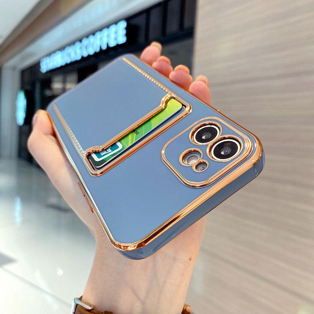 Luxury Gold Plating Phone Case With Card Slot For iphone 13 Pro 12 11 Pro MAX XS XR XS MAX Luxury Black Orange Phone Cover Back Case with Golden Frame Case for iPhone