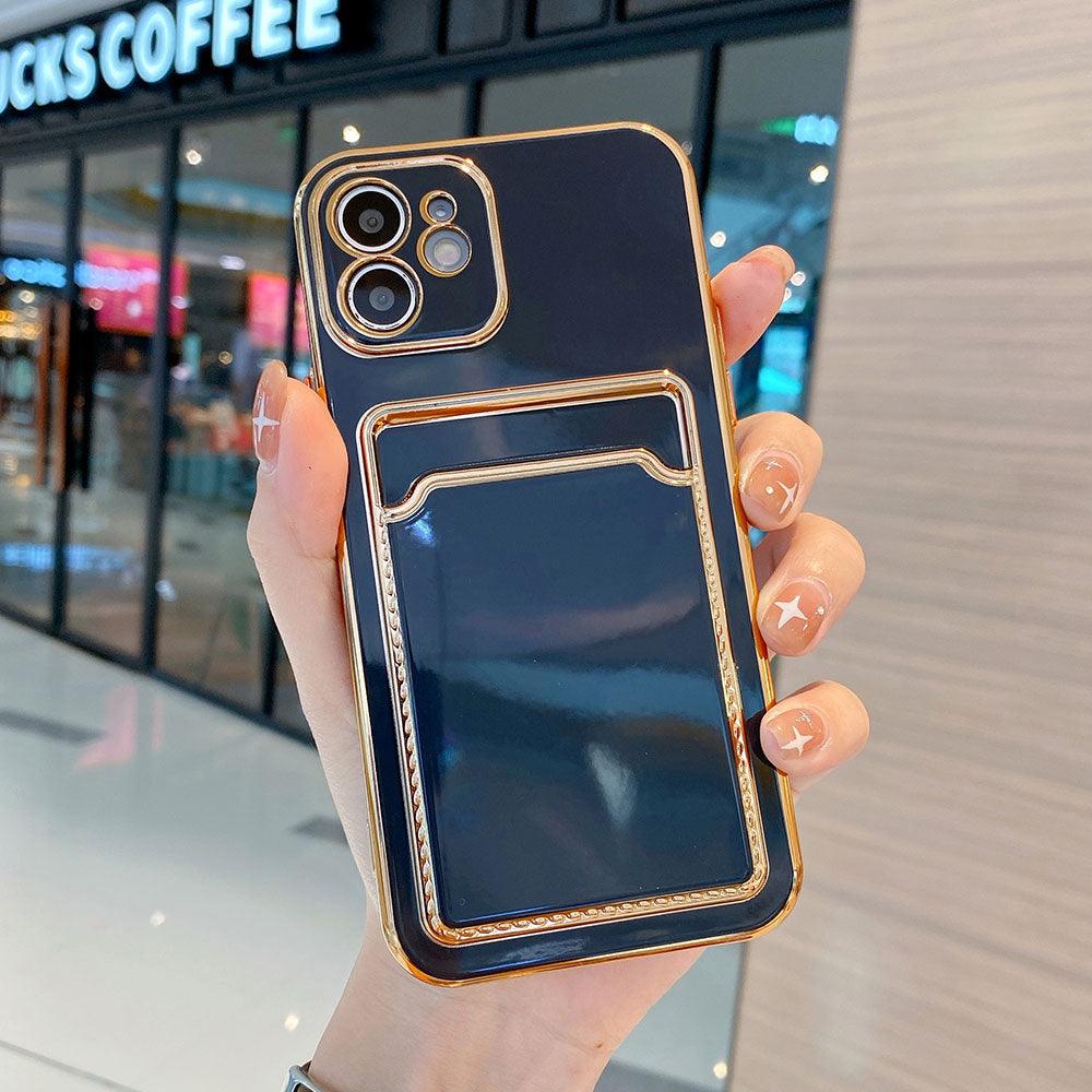 Luxury Gold Plating Phone Case With Card Slot For iphone 13 Pro 12 11 Pro MAX XS XR XS MAX Luxury Black Orange Phone Cover Back Case with Golden Frame Case for iPhone