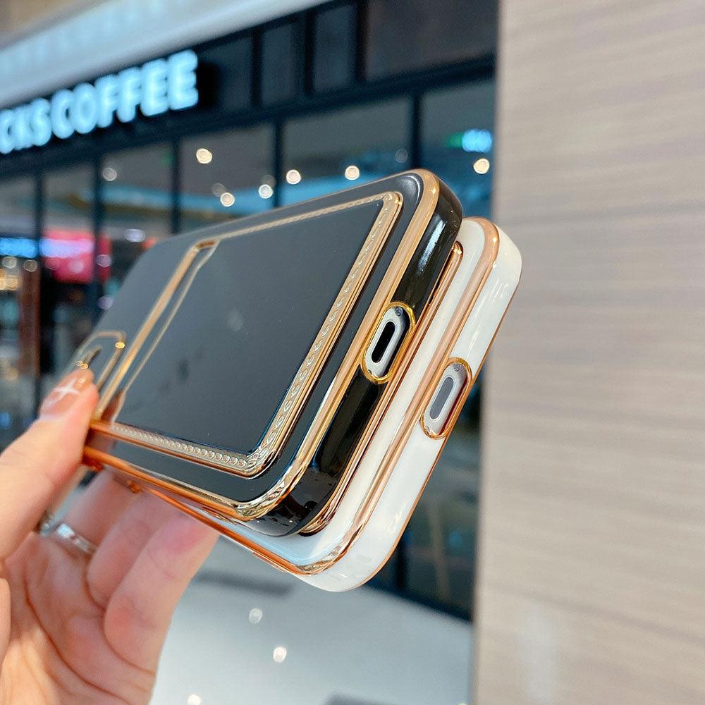 Luxury Gold Plating Phone Case With Card Slot For iphone 13 Pro 12 11 Pro MAX XS XR XS MAX Luxury Black Orange Phone Cover Back Case with Golden Frame Case for iPhone