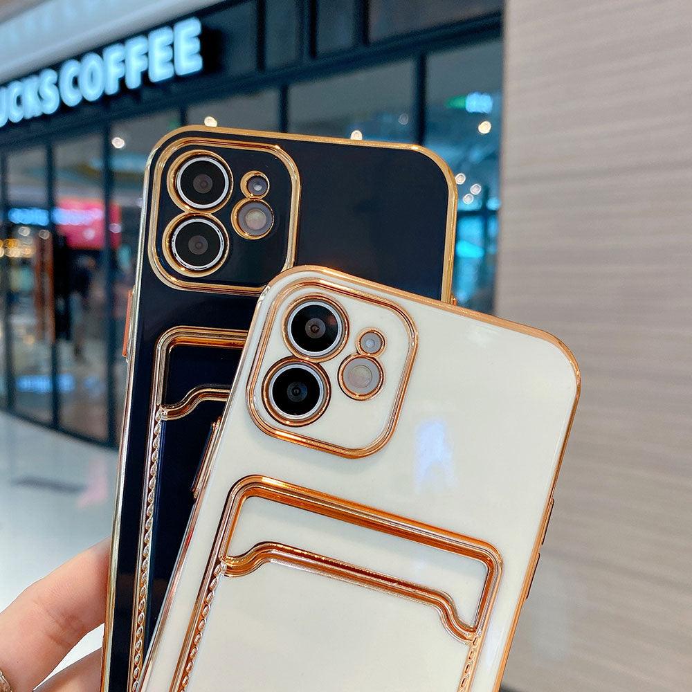 Luxury Gold Plating Phone Case With Card Slot For iphone 13 Pro 12 11 Pro MAX XS XR XS MAX Luxury Black Orange Phone Cover Back Case with Golden Frame Case for iPhone