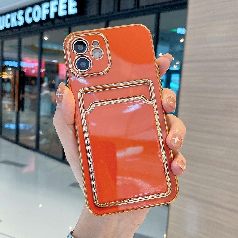 Luxury Gold Plating Phone Case With Card Slot For iphone 13 Pro 12 11 Pro MAX XS XR XS MAX Luxury Black Orange Phone Cover Back Case with Golden Frame Case for iPhone