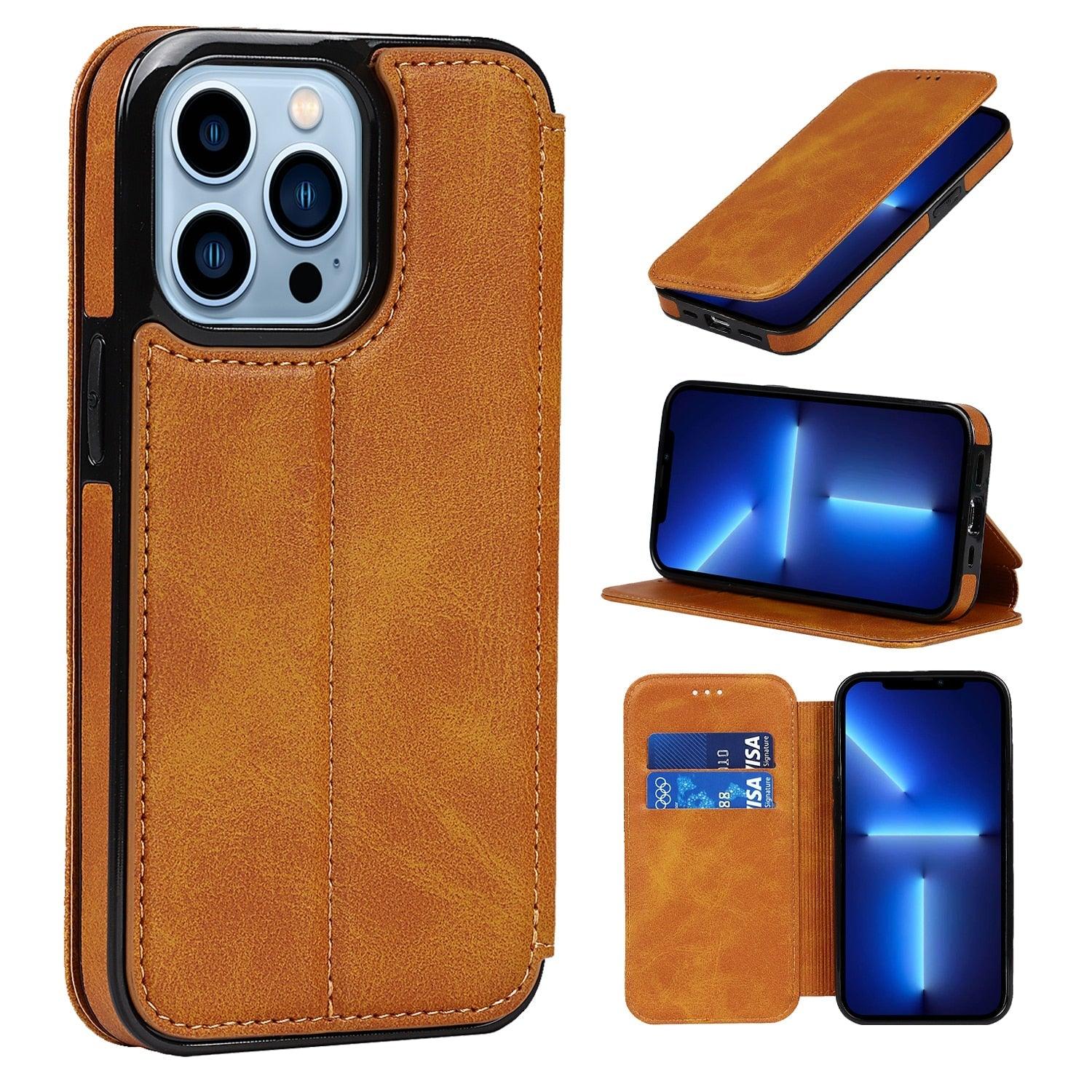 Luxury Leather Case Protect Cover For iPhone 13 12 Mini 11 Pro Max X XR XS Max Stand Flip Wallet Leather Magnetic Shockproof Flip Cover Classic Men Business Brown Phone Case