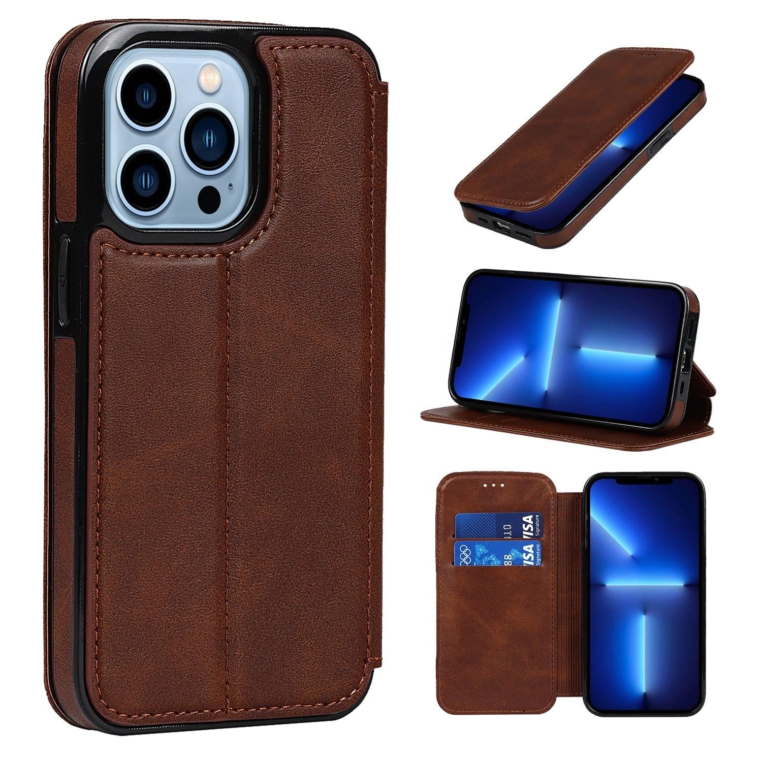 Luxury Leather Case Protect Cover For iPhone 13 12 Mini 11 Pro Max X XR XS Max Stand Flip Wallet Leather Magnetic Shockproof Flip Cover Classic Men Business Brown Phone Case